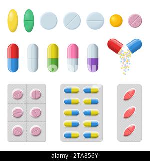 Set of pills and capsules on a white background. Medicines icons. Blister pills: pain relievers, vitamins, antibiotics and aspirin. Pharmacy and drugs Stock Vector