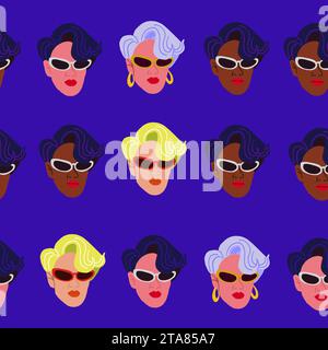 Vector seamless pattern with stylish woman in glasses with colorful hair. Fashion woman face pattern on neon violet background. Vector illustration Stock Vector