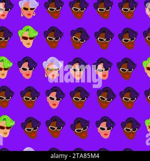 Vector seamless pattern with stylish woman in glasses with colorful hair. Fashion woman face pattern on neon violet. Vector illustration Stock Vector