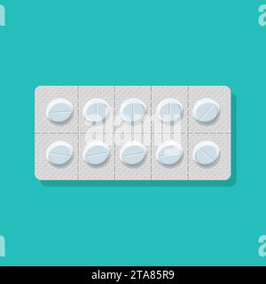 Pack of pills for the treatment of illness and pain. Blister icon with pills. A package of medicines for pills vitamin, antibiotic, aspirin. Pharmacy Stock Vector