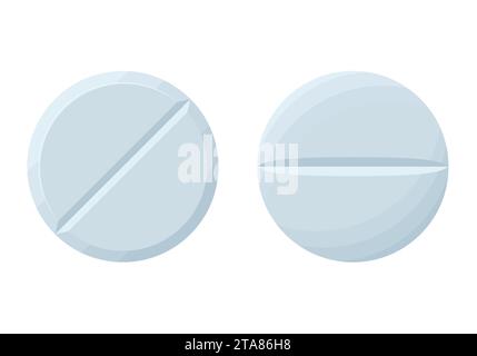 White medicine pills or tablets isolated on white background. Pharmaceutical tablet drug chemical science. Medicine round white cure pills, aspirin Stock Vector