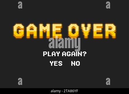 Game Over in retro pixel art style on black background. Concept of level final in virtual gaming or classic user interface for online videogames. Stock Vector