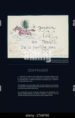 Paris, France. 29th Nov, 2023. A drawing, Joyeux Noel au toubib on behalf of his sons, Euzinger 25.12.44 with signatures. Memorial to the Martyrs of the Deportation, modernist monument dating from 1962 dedicated to those sent to Nazi concentration camps during the Second World War. Places of history and remembrance of the deportation in the greater Paris region. Illustration of Paris, the city, monuments, construction sites, inhabitants, and more. France, Paris on November 23, 2024. Photo by Patricia Huchot-Boissier/ABACAPRESS.COM Credit: Abaca Press/Ģ����ý Live News Stock Photo