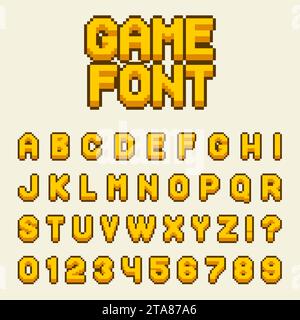 Pixel alphabet font letters and numbers set video computer game in retro 8 bit style. Modern stylish font or typeface for headline or headline design Stock Vector