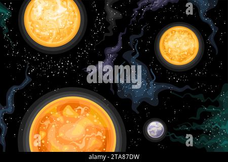 Vector illustration of Alpha Centauri Stellar System, astronomical horizontal poster with cartoon design triple-star fantasy system in deep space, dec Stock Vector