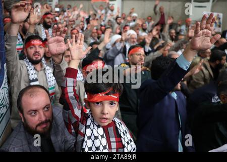 Tehran, Iran. 29th Nov, 2023. Members of the Iranian paramilitary forces (Basij) attend a speech by the Iranian Supreme Leader in Tehran. The Basij (Resistance Mobilization Force) is one of the five forces of the Islamic Revolutionary Guard Corps (IRGC). The force is named Basij; an individual member is called Basiji in the Persian language. As of July 2019, Gholamreza Soleimani is the commander of the Basij. (Credit Image: © Iranian Supreme Leader'S Office via ZUMA Press Wire) EDITORIAL USAGE ONLY! Not for Commercial USAGE! Stock Photo