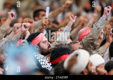 Tehran, Iran. 29th Nov, 2023. Members of the Iranian paramilitary forces (Basij) attend a speech by the Iranian Supreme Leader in Tehran. The Basij (Resistance Mobilization Force) is one of the five forces of the Islamic Revolutionary Guard Corps (IRGC). The force is named Basij; an individual member is called Basiji in the Persian language. As of July 2019, Gholamreza Soleimani is the commander of the Basij. (Credit Image: © Iranian Supreme Leader'S Office via ZUMA Press Wire) EDITORIAL USAGE ONLY! Not for Commercial USAGE! Stock Photo