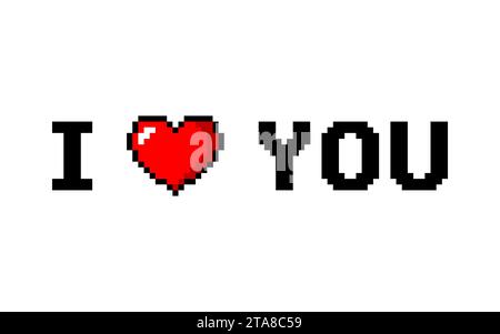 I love you with heart in pixel alphabet letters style isolated on white background. Vector illustration. Stock Vector