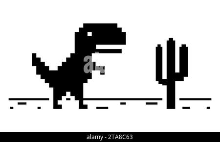 Pixel art of dinosaur and cactus icon isolated on white background. Offline error for internet. Character game vector illustration. Stock Vector