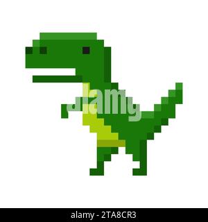 Pixel art of dinosaur icon isolated on white background. Big cheerful prehistoric green tyrannosaurus. Character game vector illustration. Stock Vector