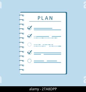 Plan or to do list, Planning and organization of work, checklist or task list. Paper sheets with checkmarks and abstract text. School business diary. Stock Vector