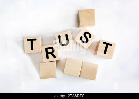 Trust is the word written on wooden blocks. White background. Business concept for your design Stock Photo