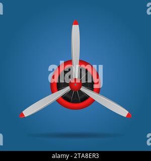 Plane blade propeller isolated on blue background. Vintage airplane propeller with radial engine. Turbine icon, fan blade, wind ventilator, equipment Stock Vector