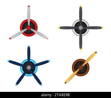 Plane blade propeller set isolated on white background. Vintage airplane propeller icons with radial engine. Turbines icons, fan blade Stock Vector