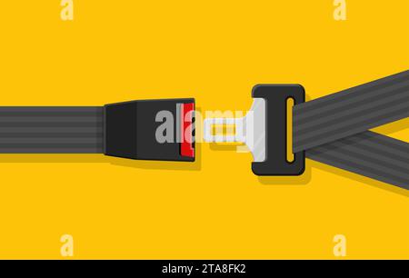 Unblocked driver and passengers seat belt with fastener and black strap on yellow background. Safety belt for protection. Safety equipment for car Stock Vector