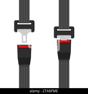 Unblocked and blocked driver and passengers seat belt with fastener and black strap on white background. Safety belt for protection. Safety equipment Stock Vector