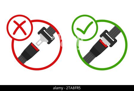 Fasten your seat belts, unblocked and blocked driver and passengers seat belt icons with fastener and black strap. Safety belt for protection Stock Vector