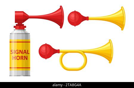 Signal horn set isolated on white background. Air horn, sound signal. Rubber bike klaxon trumpet. Vector illustration. Stock Vector