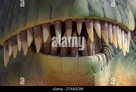 Jurassic jaws. The tyrannosaurus rex teeth close up. Pattern and texture. Mouth of the beast. Stock Photo