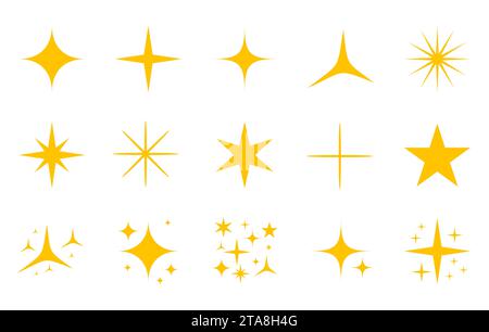 Yellow, gold sparkles icons set isolated on white background. Bright firework, decoration twinkle, shiny flash. Glowing light effect stars and bursts Stock Vector