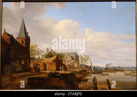 View from Elten of the Rhine, Jan van der Heyden, 1600s, oil on wood Stock Photo