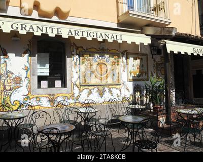 Bam Bar, Bambar, small cafe-bar, coffee shop, Taormina, Messina, Sicily, Sicilia, Italy, Europe Stock Photo