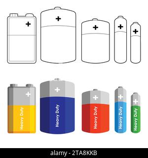 Alkaline Batteries in Sizes AA, AAA, C, D and PP3 Outline and Colour Versions Stock Vector