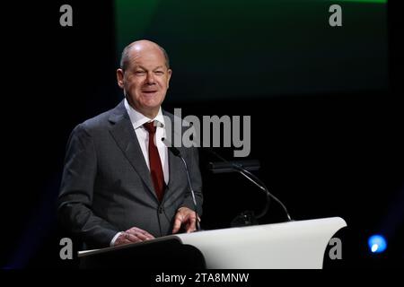 11/29/2023, Berlin, Germany, Chancellor Olaf Scholz (SPD) on stage at the “75 Years of KfW” ceremon in Kraftwerk Berlin. Stock Photo