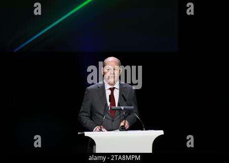 11/29/2023, Berlin, Germany, Chancellor Olaf Scholz (SPD) on stage at the “75 Years of KfW” ceremon in Kraftwerk Berlin. Stock Photo