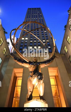 New York, USA - May 25, 2018: The Statue of Atlas in front of the Rockefeller Center in New York City Stock Photo