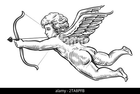 Flying Angel with arrow and bow. Vintage monochrome hand drawn vector illustration Stock Vector