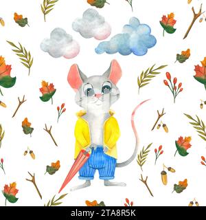 Watercolor illustration seamless pattern of a gray mouse in a yellow raincoat and blue pants with a closed umbrella and autumn leaves, clouds, rain Stock Photo