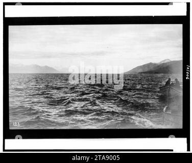 View of the Devil's Thumb tipped with clouds, looking down Frederick Sound, S.E. Alaska - photographed by Ensign A.P. Niblack, U.S. Navy. Stock Photo