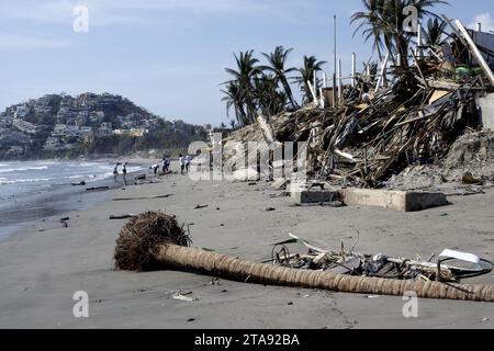 Debris litters the beach in the Diamante area of Acapulco, Guerrero, Mexico after Hurricane Otis struck the city on October 26, 2023 Stock Photo