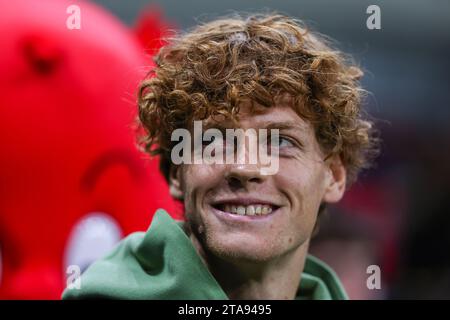 Jannik Sinner seen during the UEFA Champions League 2023/24 Group Stage - Group F football match between AC Milan and Borussia Dortmund at San Siro Stadium. Final score: Borussia Dortmund 3 : 1 AC Milan. Stock Photo