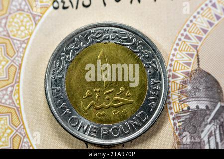 Reverse side of one Egyptian pound 1 EGP LE with value and date, with its obverse side contains a slogan of 150 years of The House of Books and Docume Stock Photo