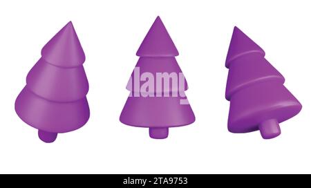 Set 3d violet Christmas tree . Glossy New year and xmas abstract tree shapes. Stock Vector