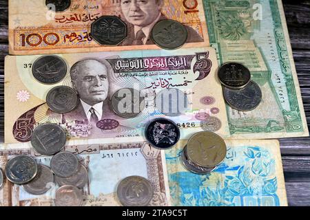 Collection of Old Arabian money banknotes and coins from different countries, Tunisia, Algeria, Morocco, Lebanon, and other Arab countries, vintage re Stock Photo