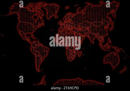 Black world map against a red binary code background. Stock Photo