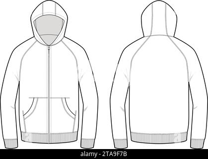 Hooded cotton fleece sweater technical fashion illustration with long sleeves. Flat apparel template front, back, blank. Women, men, unisex CAD mockup Stock Vector