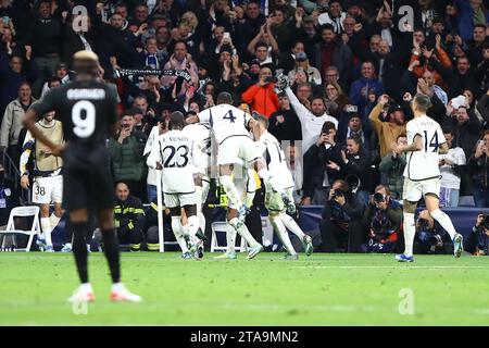 Madrid, Spain. 29th Nov, 2023. Real Madrid Celebrate during Champions League Match Day 5 between Real Madrid and Napoli at Santiago Bernabeu Stadium in Madrid, Spain, on November 29, 2023. Credit: Edward F. Peters/Alamy Live News Stock Photo