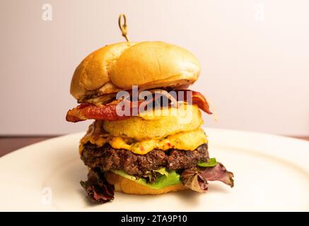 Big Beef Burger with Fired Onion Stock Photo