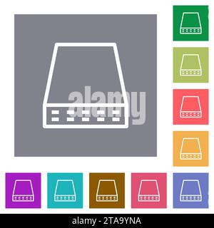 Computer data storage outline flat icons on simple color square backgrounds Stock Vector