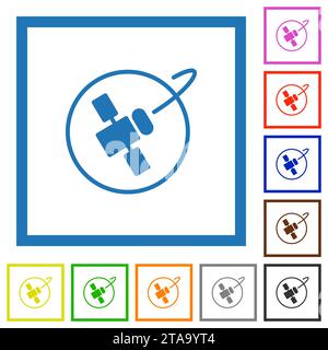Satellite in orbit solid flat color icons in square frames on white background Stock Vector