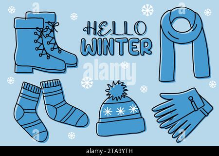 Monochrome set of lace up boots, scarf, socks, hat and gloves, warm winter accessory, flat style vector illustration Stock Vector