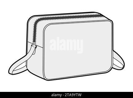 Cross-Body Box Bag silhouette. Fashion accessory technical illustration. Vector satchel front 3-4 view for Men, women, unisex style, flat handbag CAD mockup sketch outline isolated Stock Vector