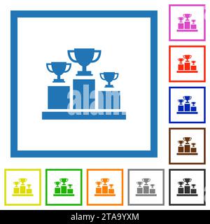 Winner podium with trophy cups flat color icons in square frames on white background Stock Vector