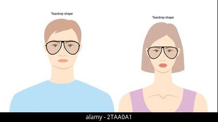 Teardrop Shape Aviator frame glasses on women and men flat character fashion accessory illustration. Sunglass front view unisex silhouette style, rim spectacles eyeglasses with lens sketch outline Stock Vector