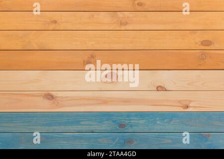 Wooden Horizontal Lines Stripes Planks Surface Three 3 Colors Orange Light Blue Paint Texture Background. Stock Photo