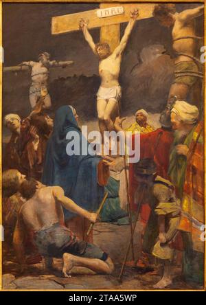 TREVISO, ITALY - NOVEMBER 8, 2023: The painting   Crucifixion as part of Cross way stations in the church La Cattedrale di San Pietro Apostolo Stock Photo